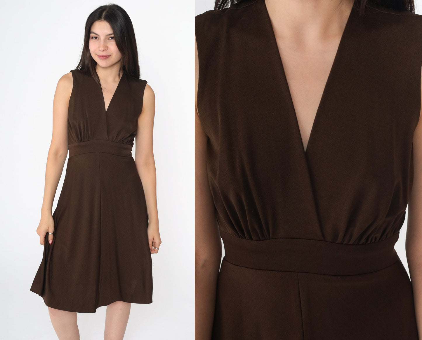 70s Miss Elliette Wrap Dress Brown Surplice Midi Sleeveless Small