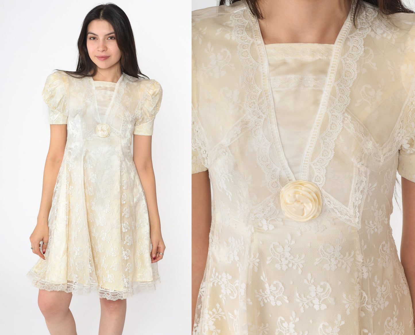 80s Jessica McClintock White Lace Mini Dress Yellow Puff Sleeve Rosette 2XS