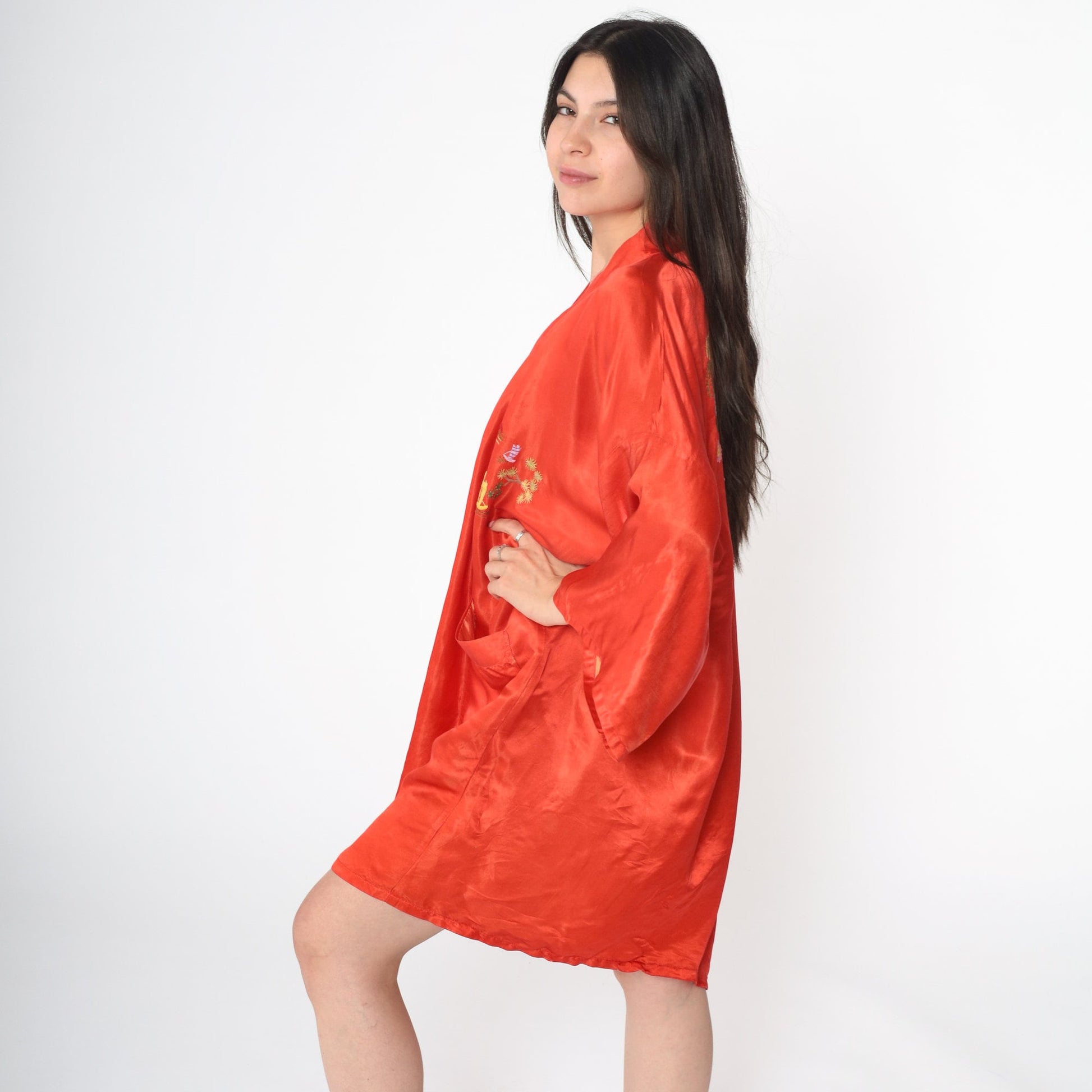 80s Red Silk Kimono Robe Embroidered Pagoda Trees Open Front Small