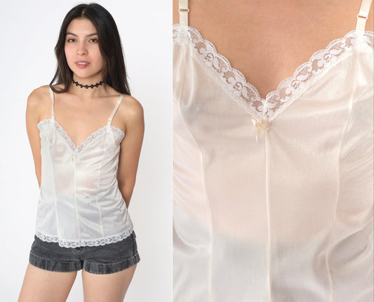 80s White Nylon Camisole Lace Trim Spaghetti Strap Tank Small