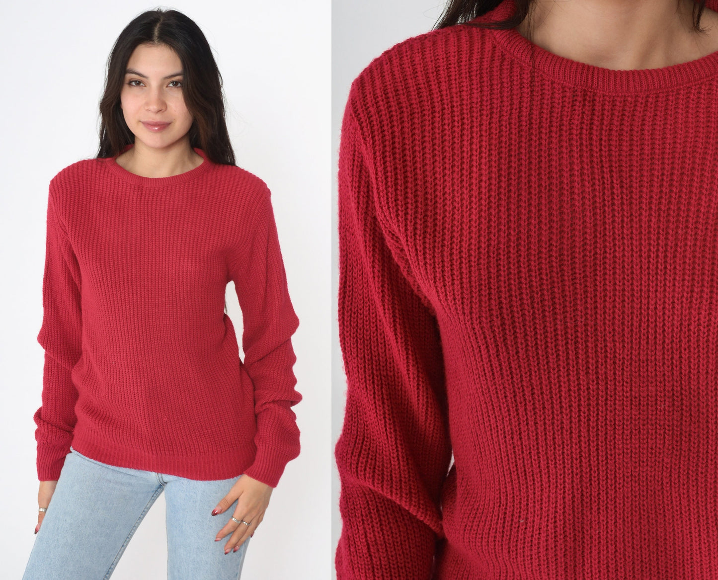 90s Red Ribbed Knit Crewneck Sweater Acrylic Pullover Extra Small XS