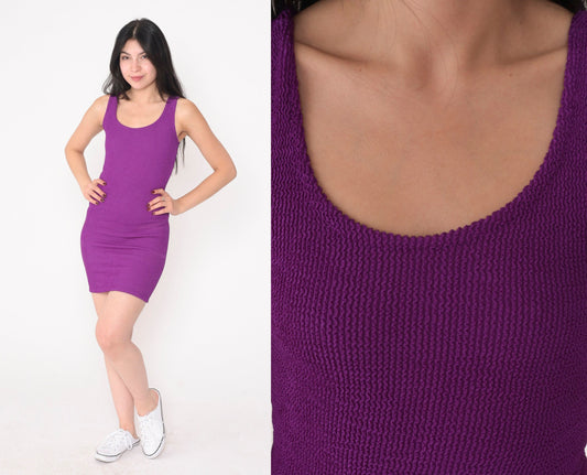 90s Purple Ribbed Mini Tank Dress Bodycon Scoop Neck Small Medium
