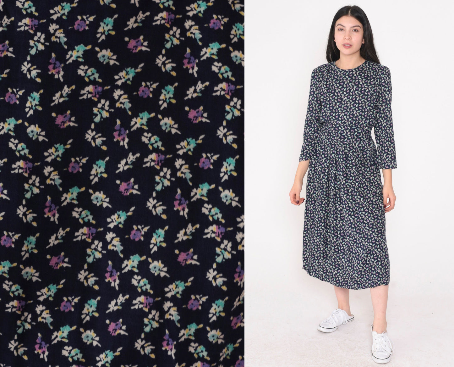 90s Navy Floral Midi Dress High Waisted 3/4 Sleeve Pleated Pockets Small