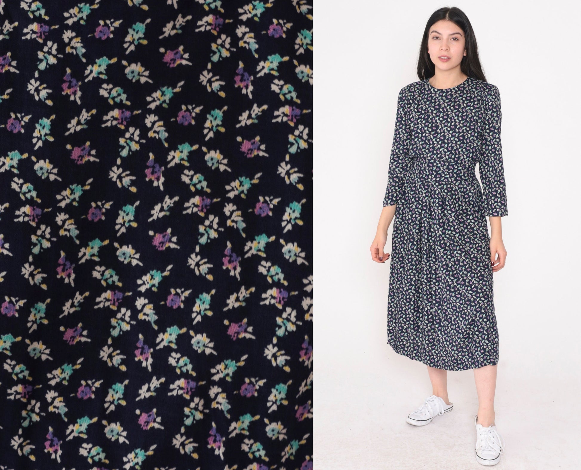 90s Navy Floral Midi Dress High Waisted 3/4 Sleeve Pleated Pockets Small
