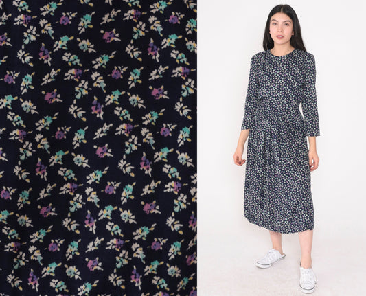 90s Navy Floral Midi Dress High Waisted 3/4 Sleeve Pleated Pockets Small