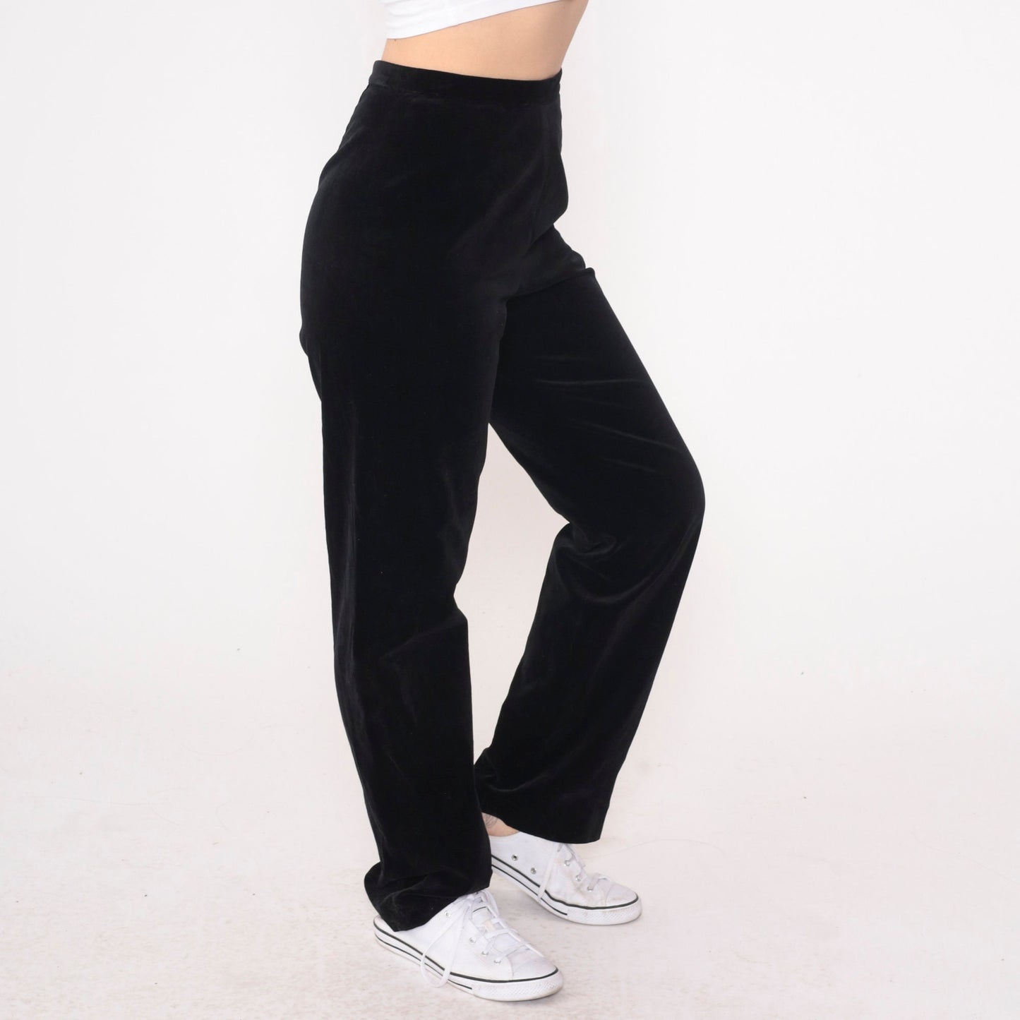 90s Black Velvet High-Waisted Trousers Straight Leg Small