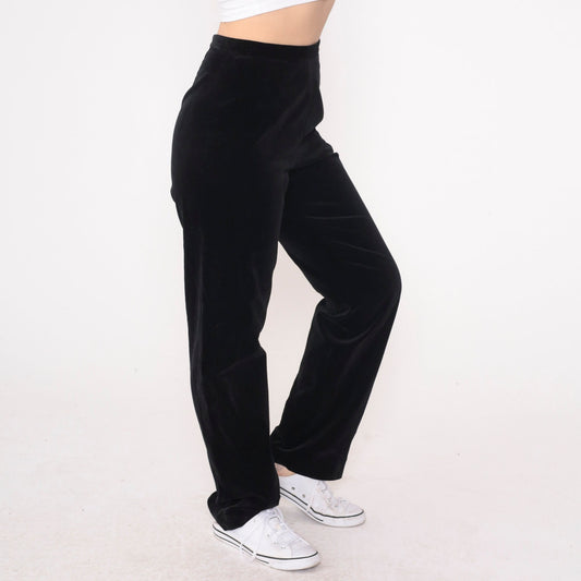 90s Black Velvet High-Waisted Trousers Straight Leg Small