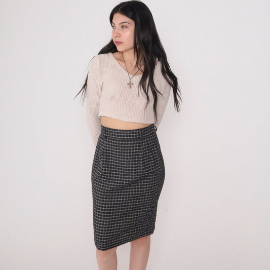 90s Black Grey Checkered Pencil Skirt High Waisted Mini Extra Small