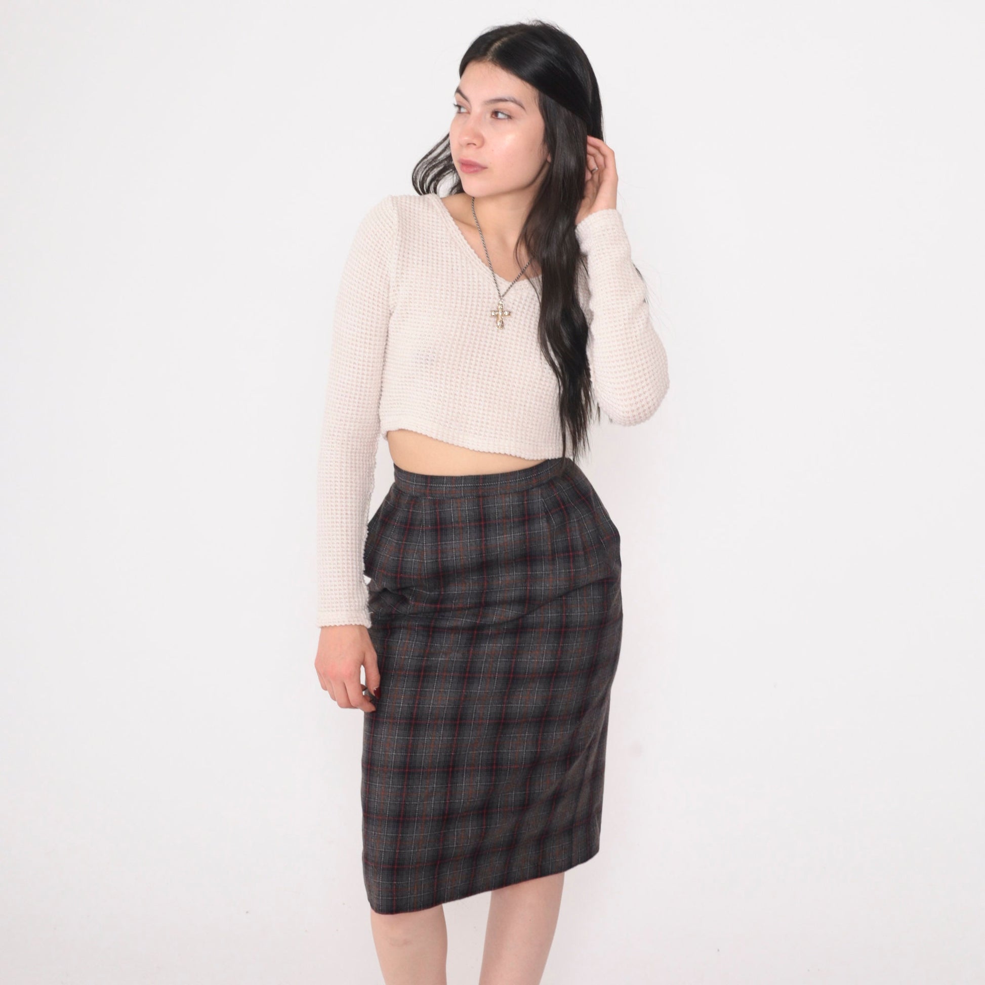 80s Peabody House Plaid Pencil Skirt High Waisted Knee Length Grey Black Red Extra Small