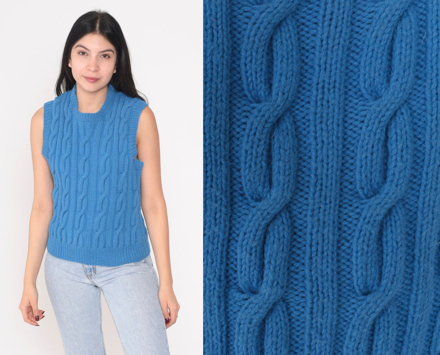 80s Blue Cable Knit Sweater Vest Sleeveless Pullover Small S