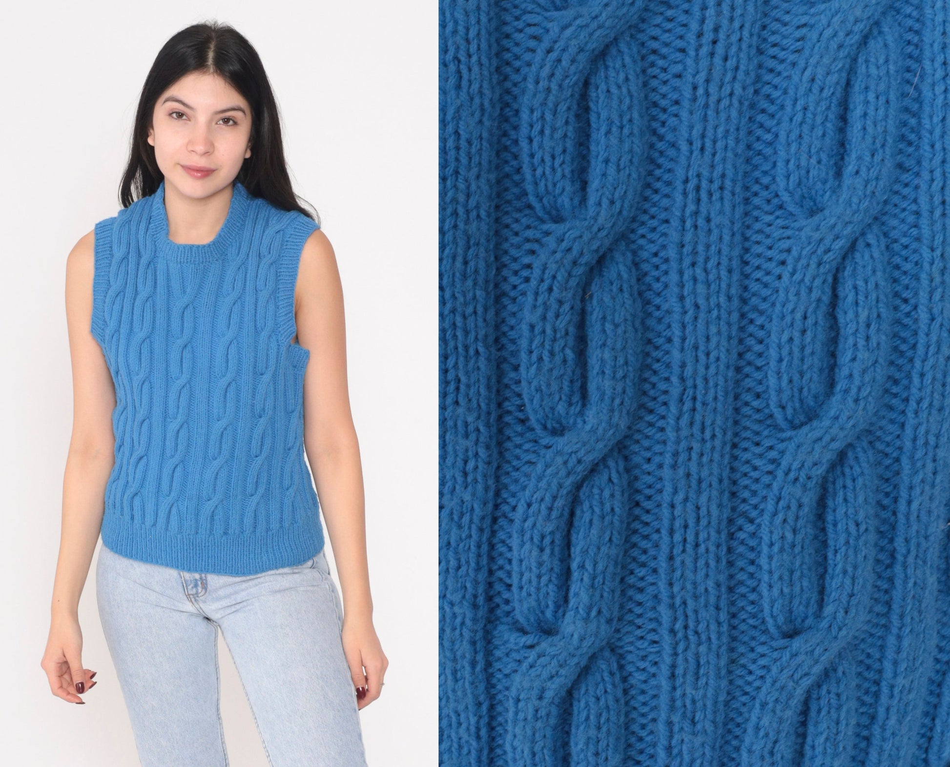 80s Blue Cable Knit Sweater Vest Sleeveless Pullover Small S