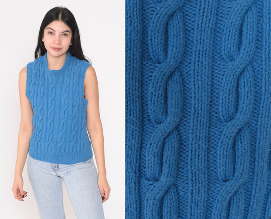 80s Blue Cable Knit Sweater Vest Sleeveless Pullover Small S