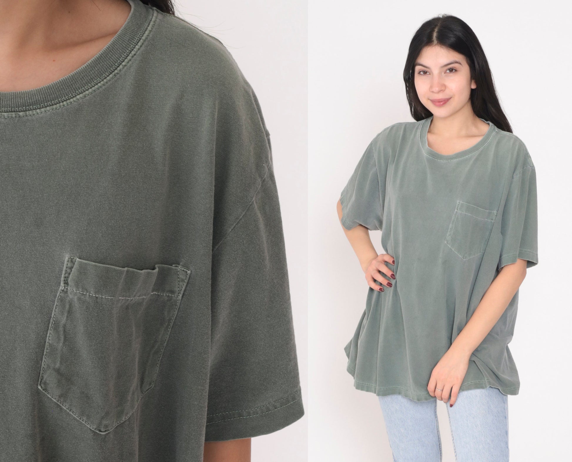 Y2K Green Pocket T-Shirt Cotton Plain Crewneck 00s Vintage Extra Large XL
