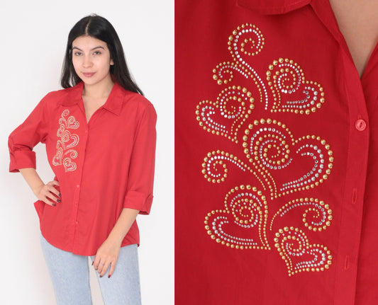 90s Red Studded Heart Button-Up Blouse Gold Silver Studs 3/4 Sleeve Medium M