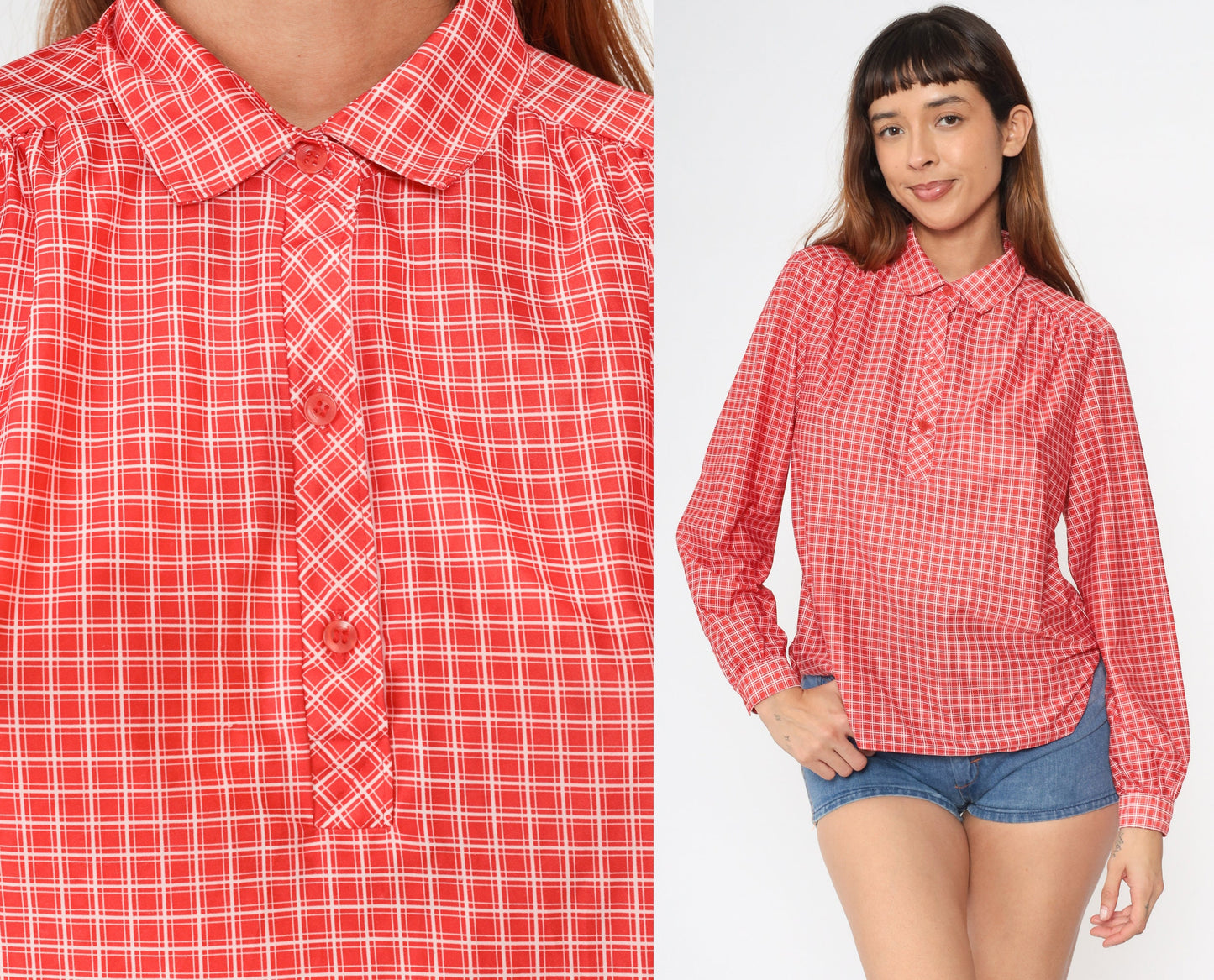 70s Checkered Blouse Red White Collared Long Sleeve Polo Shirt Medium M