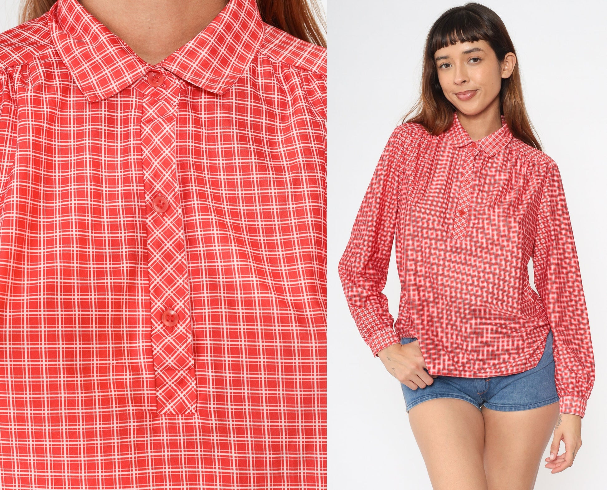 70s Checkered Blouse Red White Collared Long Sleeve Polo Shirt Medium M