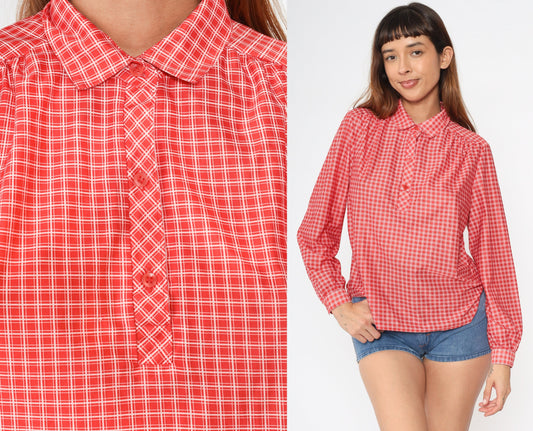70s Checkered Blouse Red White Collared Long Sleeve Polo Shirt Medium M