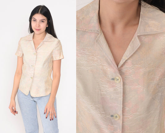 Y2K Watercolor Floral Button-Up Blouse Pastel Abstract Print Short Sleeve Small