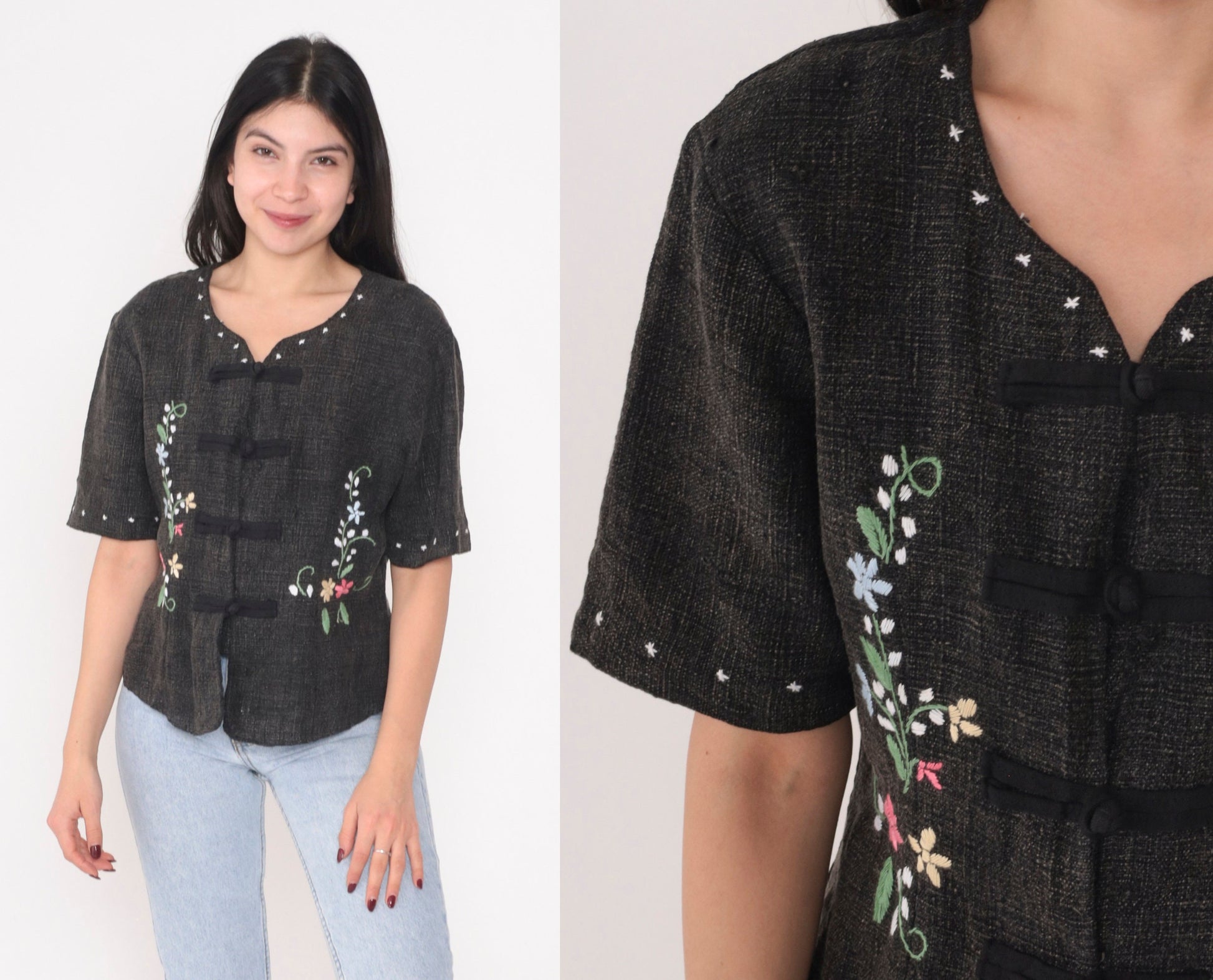 90s Floral Embroidered Dark Grey Button-Up Blouse Short Sleeve Small