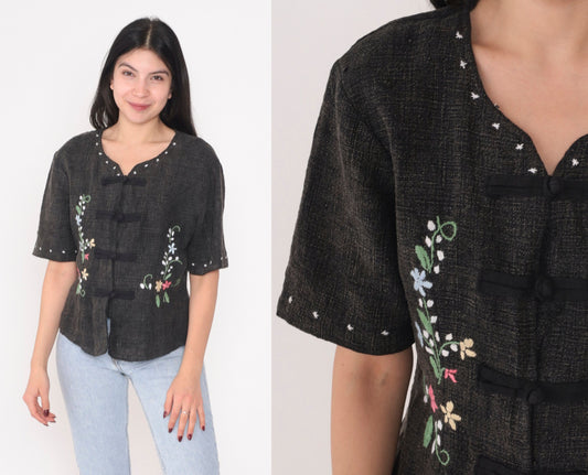 90s Floral Embroidered Dark Grey Button-Up Blouse Short Sleeve Small