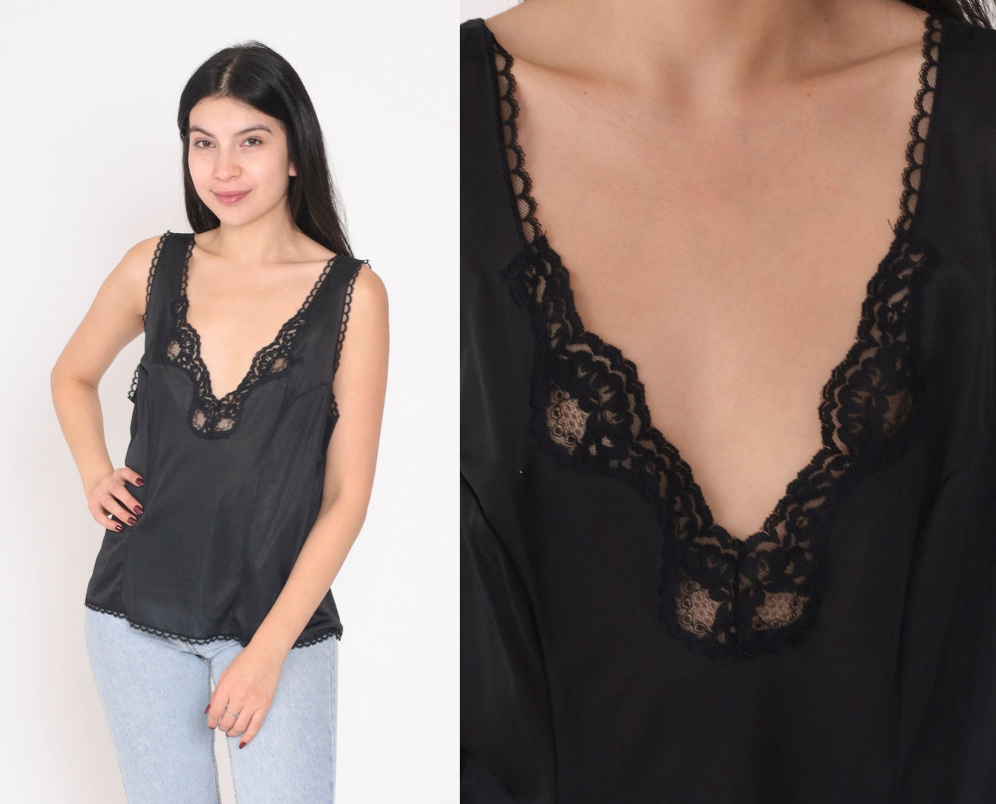 70s Black Lace Camisole V-Neck Tank Top Lingerie Extra Large