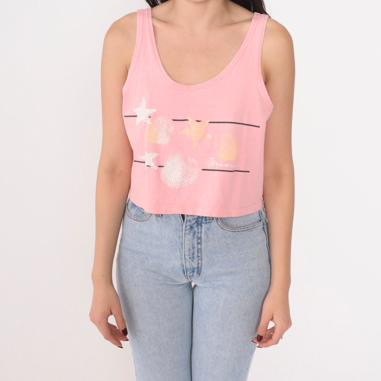 90s Hawaii Graphic Crop Tank Top Pink Single Stitch Medium