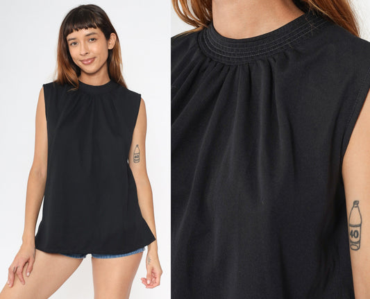 70s Black Draped Tank Top Sleeveless Blouse Topstitched Neckline Large L