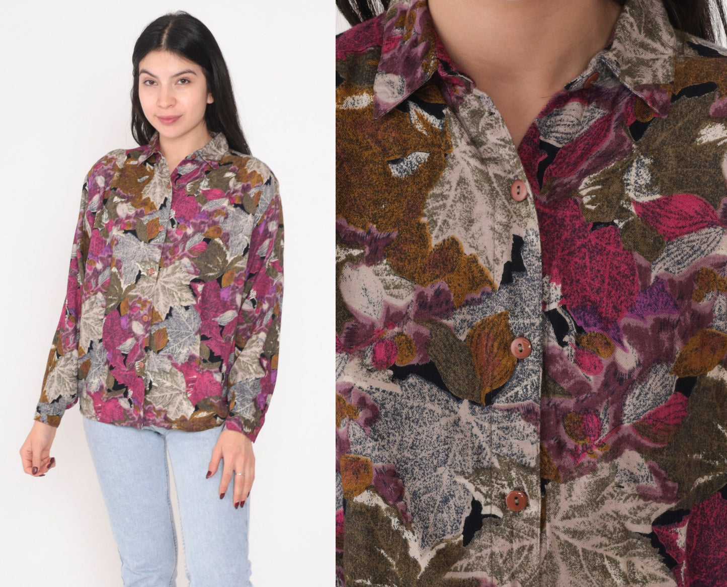 90s Dudwell Leaf Print Button-Up Blouse Long Sleeve Multicolor Large L