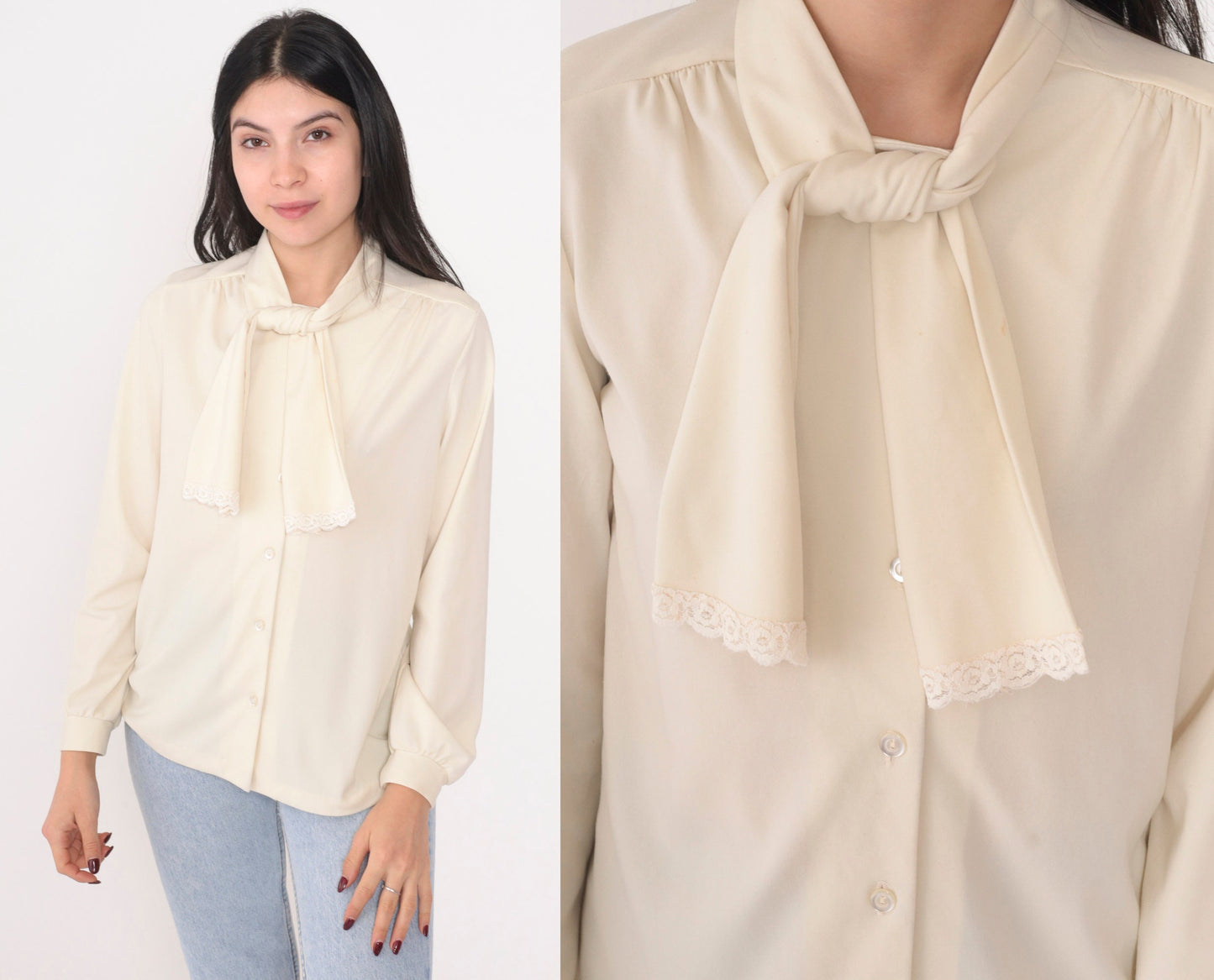 70s Cream Necktie Blouse Button Up Long Sleeve Lace Trim Small