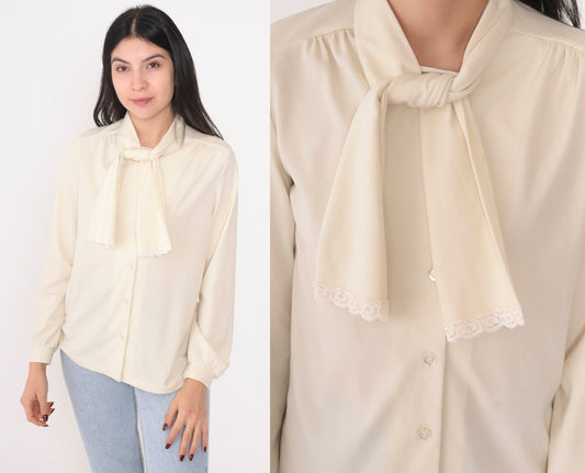 70s Cream Necktie Blouse Button Up Long Sleeve Lace Trim Small