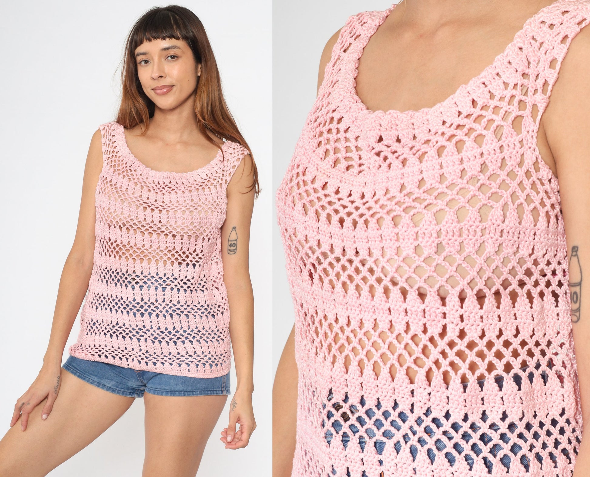 70s Baby Pink Crochet Tank Top Cotton Sheer Knit Small