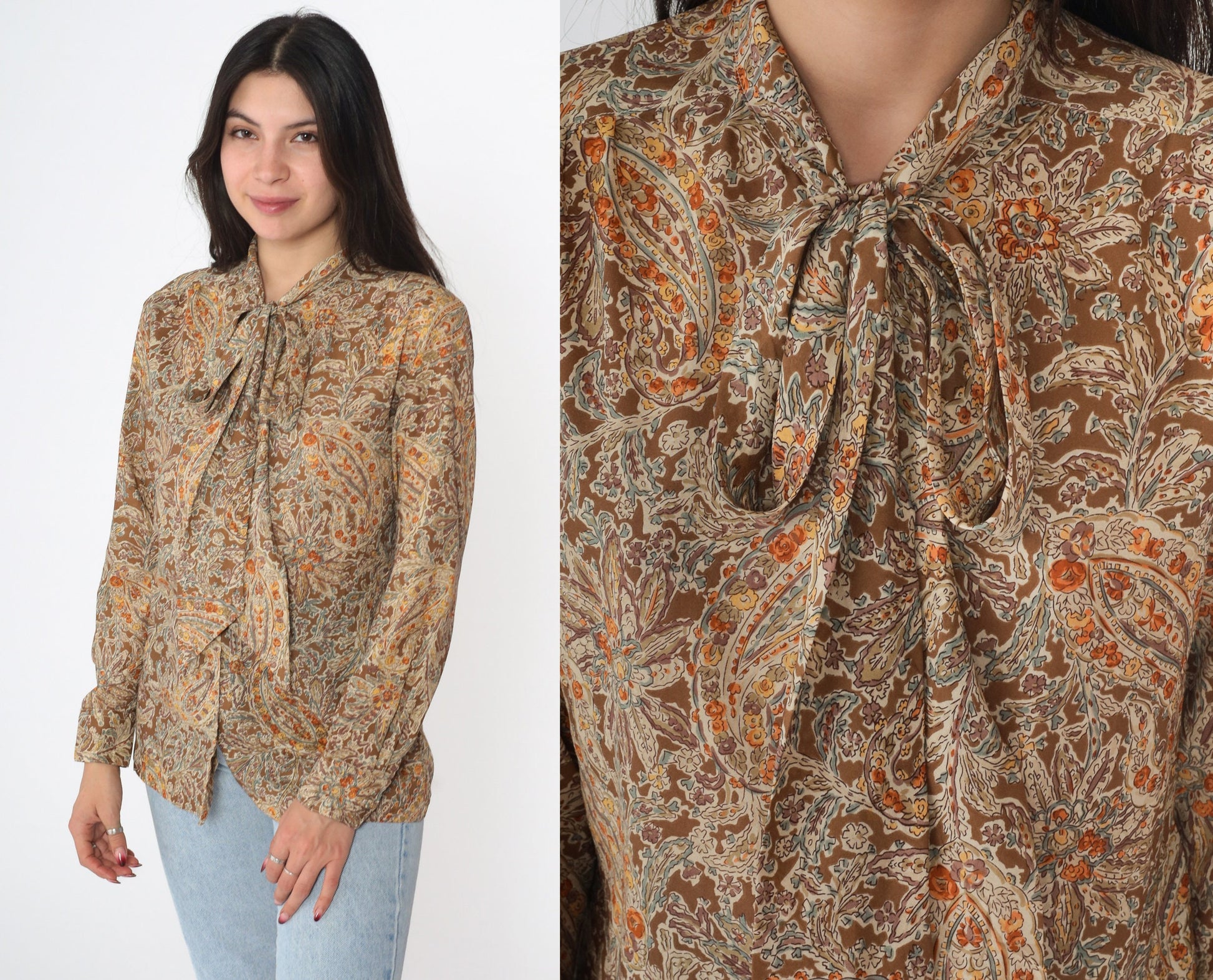 70s Floral Paisley Ascot Blouse Button-Up Long Sleeve Brown Small