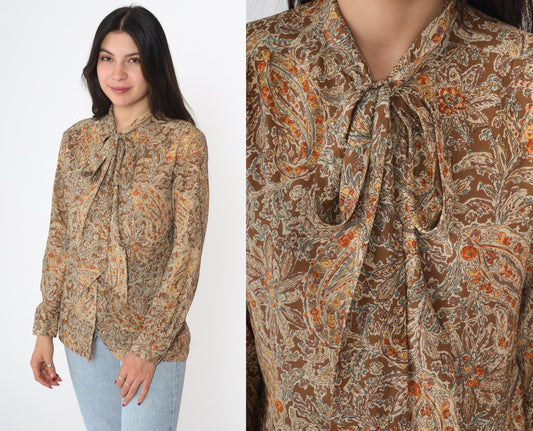 70s Floral Paisley Ascot Blouse Button-Up Long Sleeve Brown Small