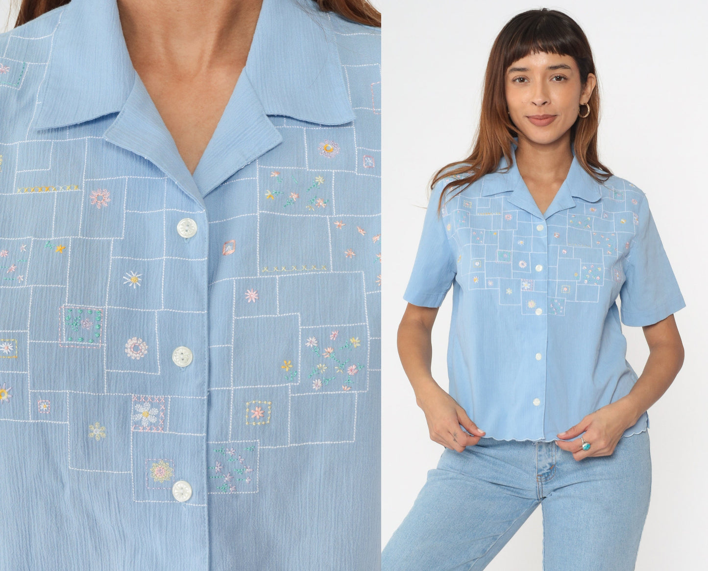90s Koret Floral Embroidered Button-Up Blouse Baby Blue Cotton Small