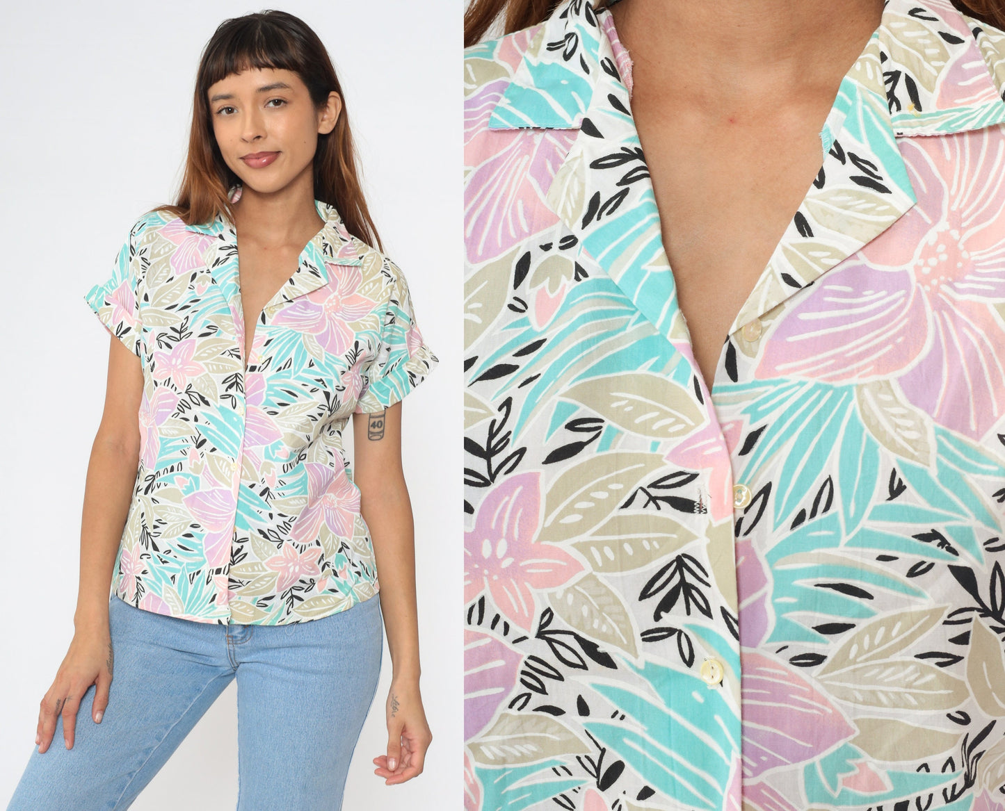 80s Giovelli Tropical Floral Button-Up Blouse Pastel Turquoise Pink Cap Sleeve Small