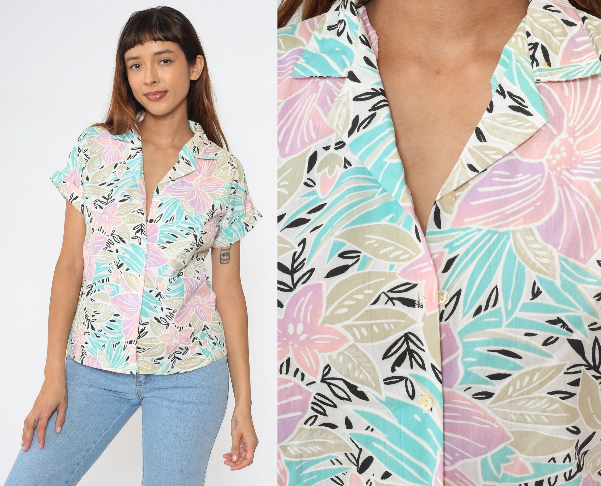 80s Giovelli Tropical Floral Button-Up Blouse Pastel Turquoise Pink Cap Sleeve Small
