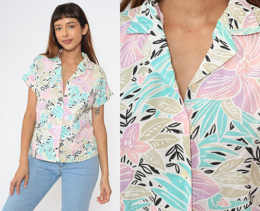 80s Giovelli Tropical Floral Button-Up Blouse Pastel Turquoise Pink Cap Sleeve Small
