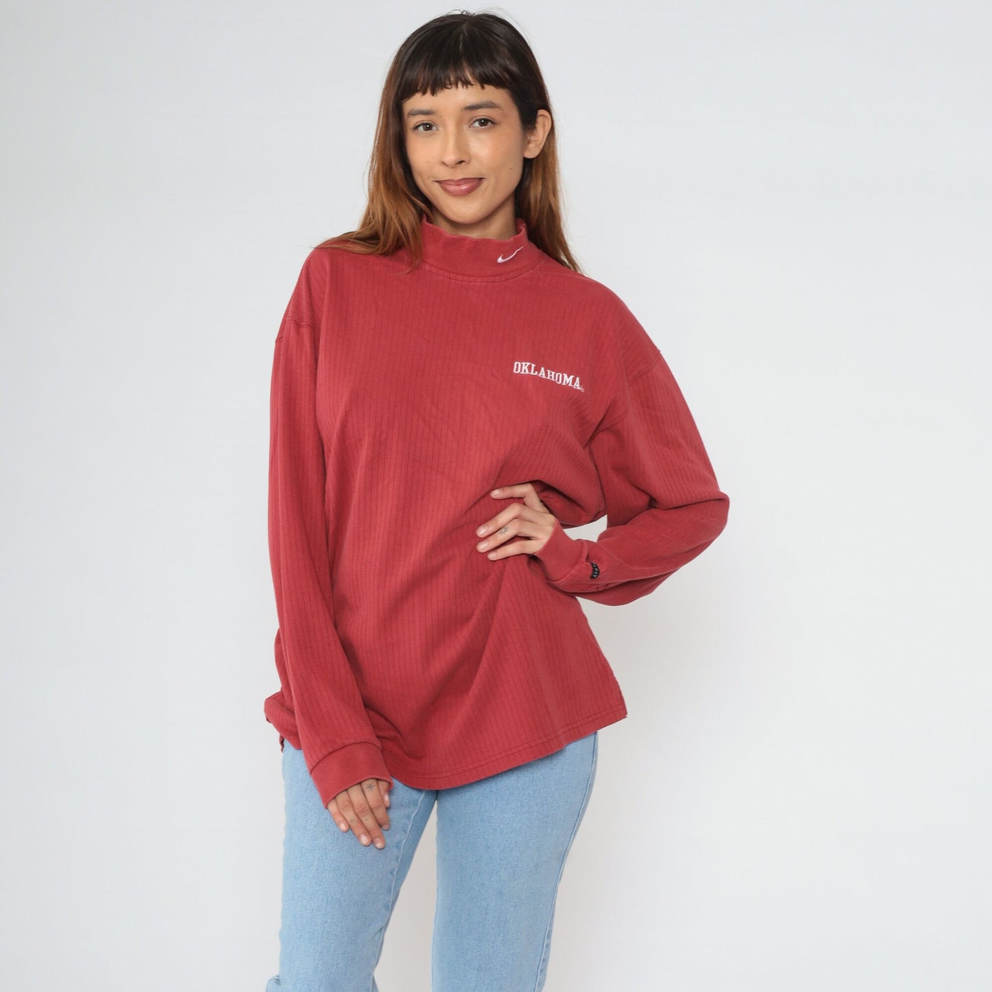 Y2K Nike Oklahoma Mock Neck Long Sleeve Tee Red Swoosh Large