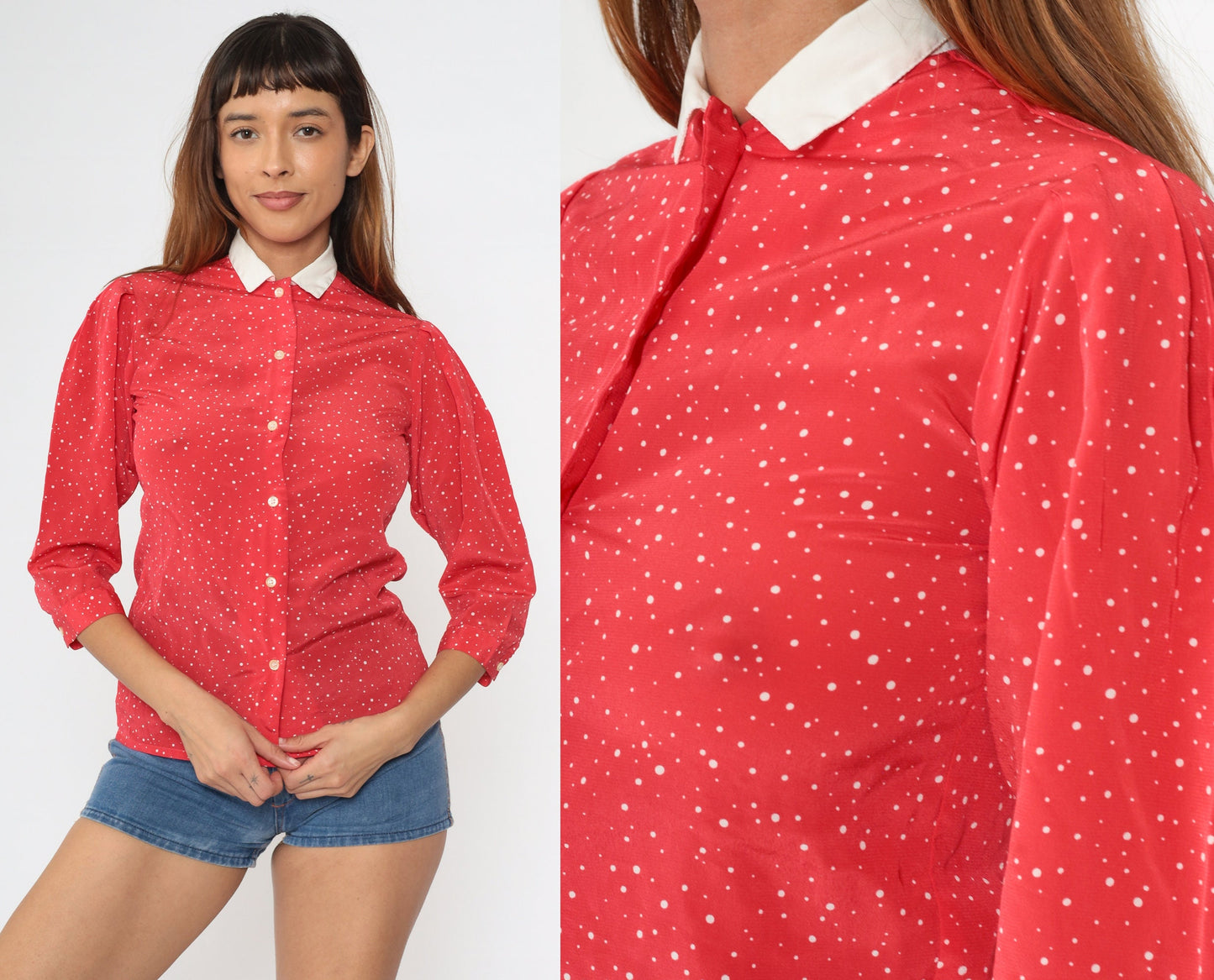 80s Red Polka Dot Puff Sleeve Blouse White Collar Button Up Extra Small