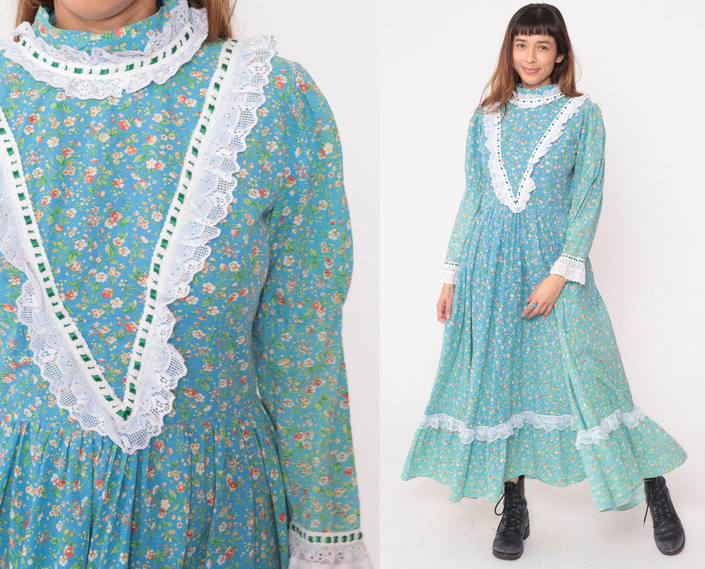 70s Blue Floral Prairie Dress Cotton Maxi Ruffle Collar Lace Trim Medium