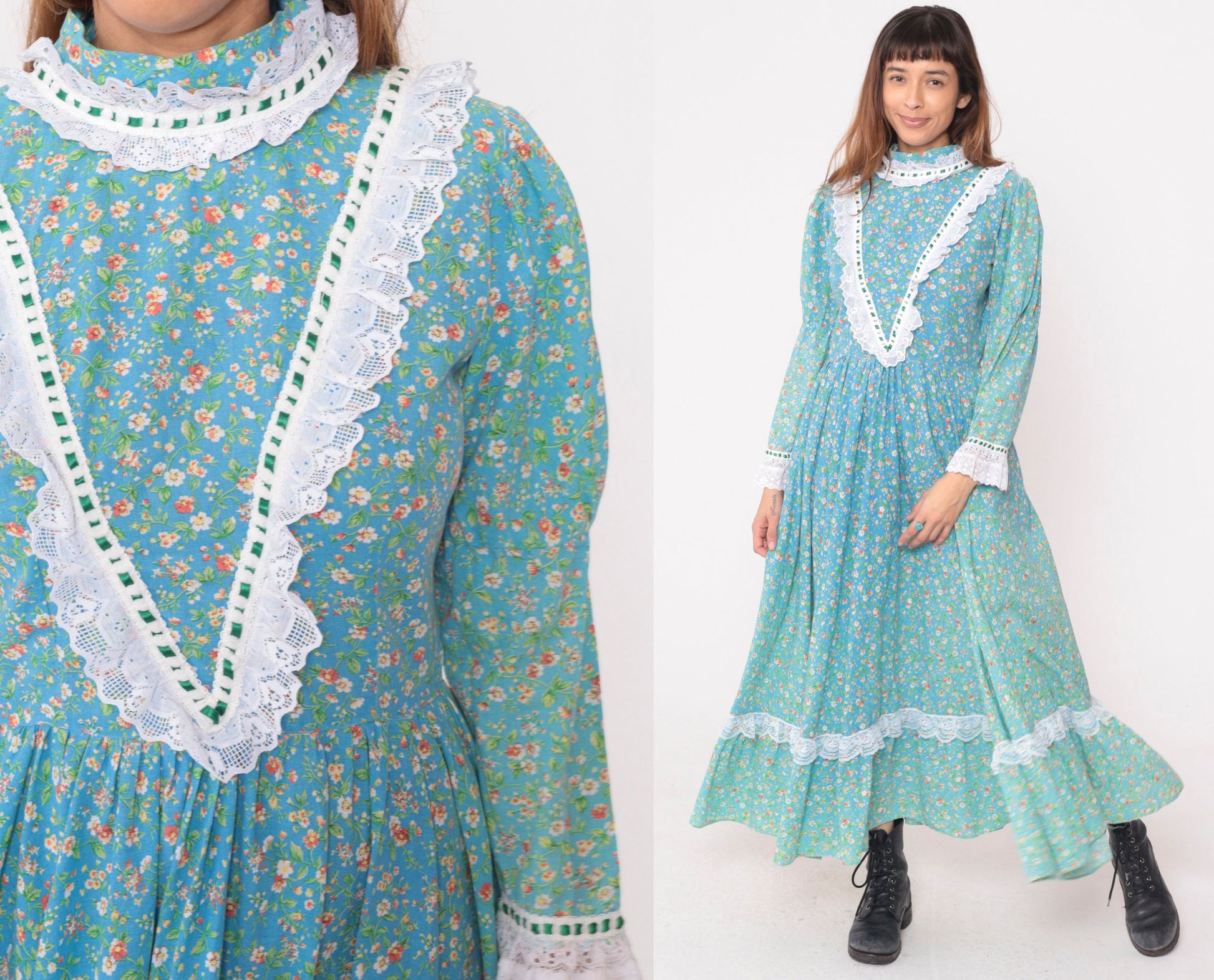 70s Blue Floral Prairie Dress Cotton Maxi Ruffle Collar Lace Trim Medium