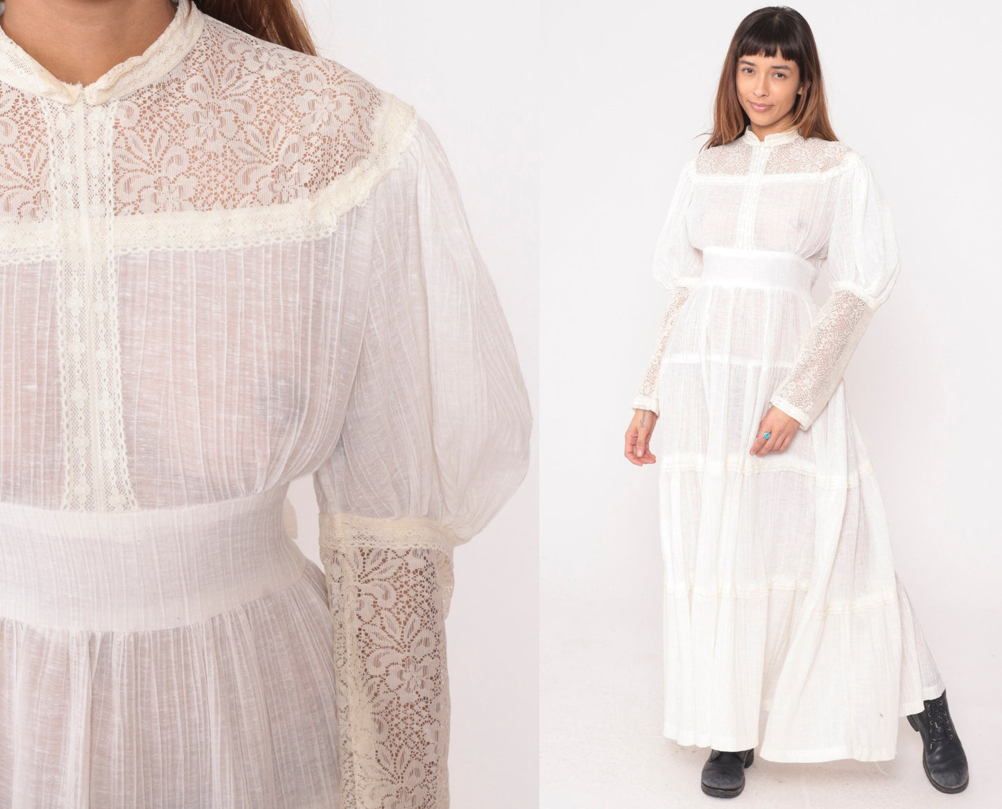 70s Maxi Dress Gauze Lace High Neck Tie Waist Long Sleeve Off-White Medium