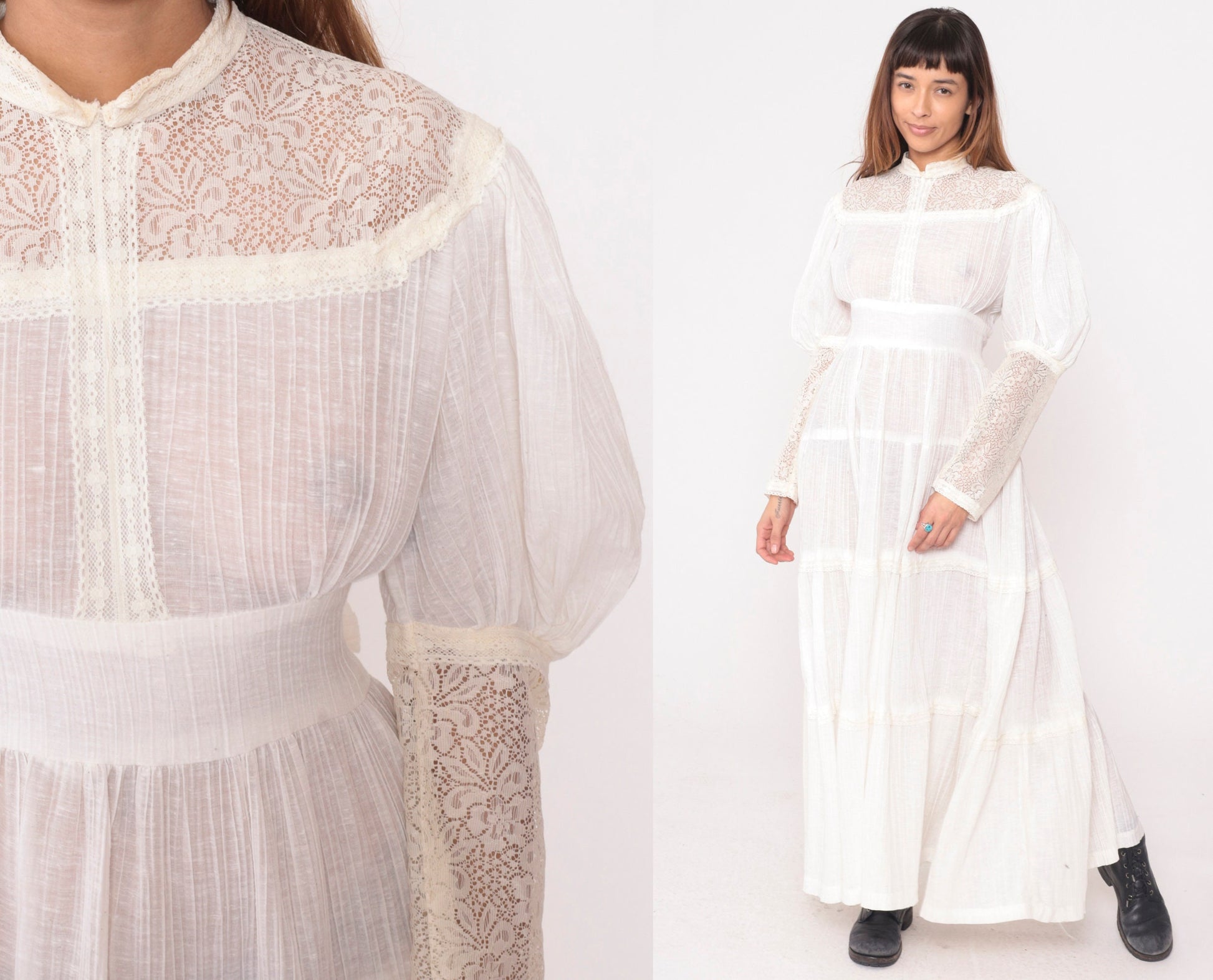 70s Maxi Dress Gauze Lace High Neck Tie Waist Long Sleeve Off-White Medium