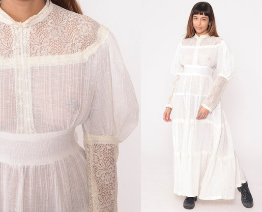 70s Maxi Dress Gauze Lace High Neck Tie Waist Long Sleeve Off-White Medium