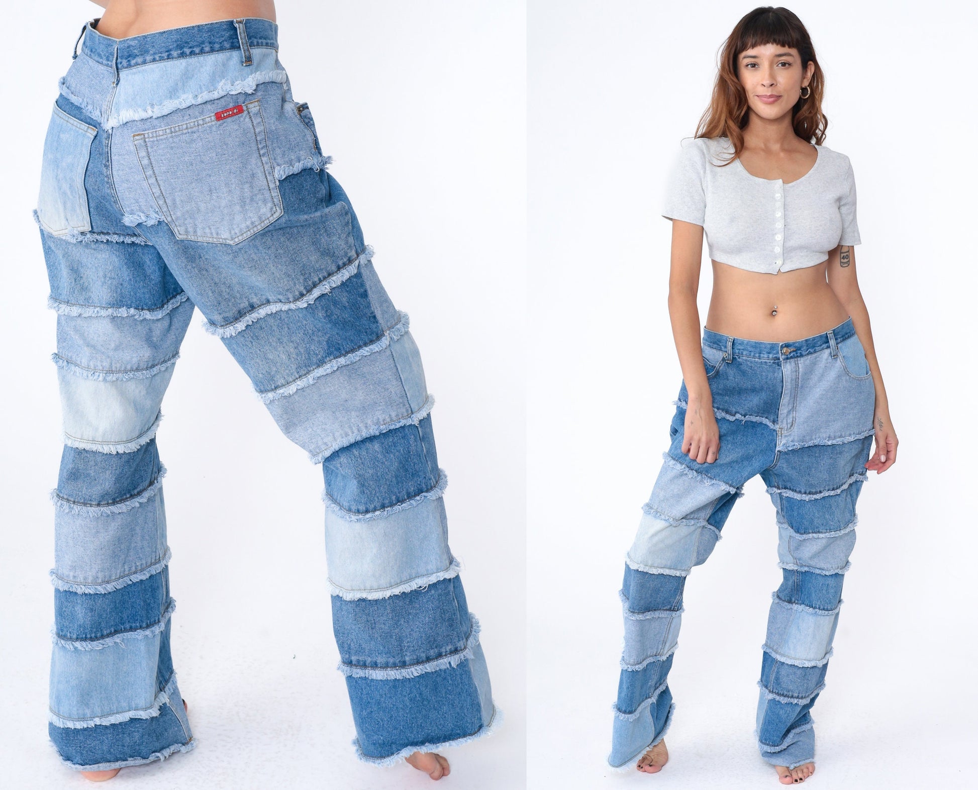 Y2K Zana Di Patchwork Bell Bottom Jeans Blue Denim Plus Size 20