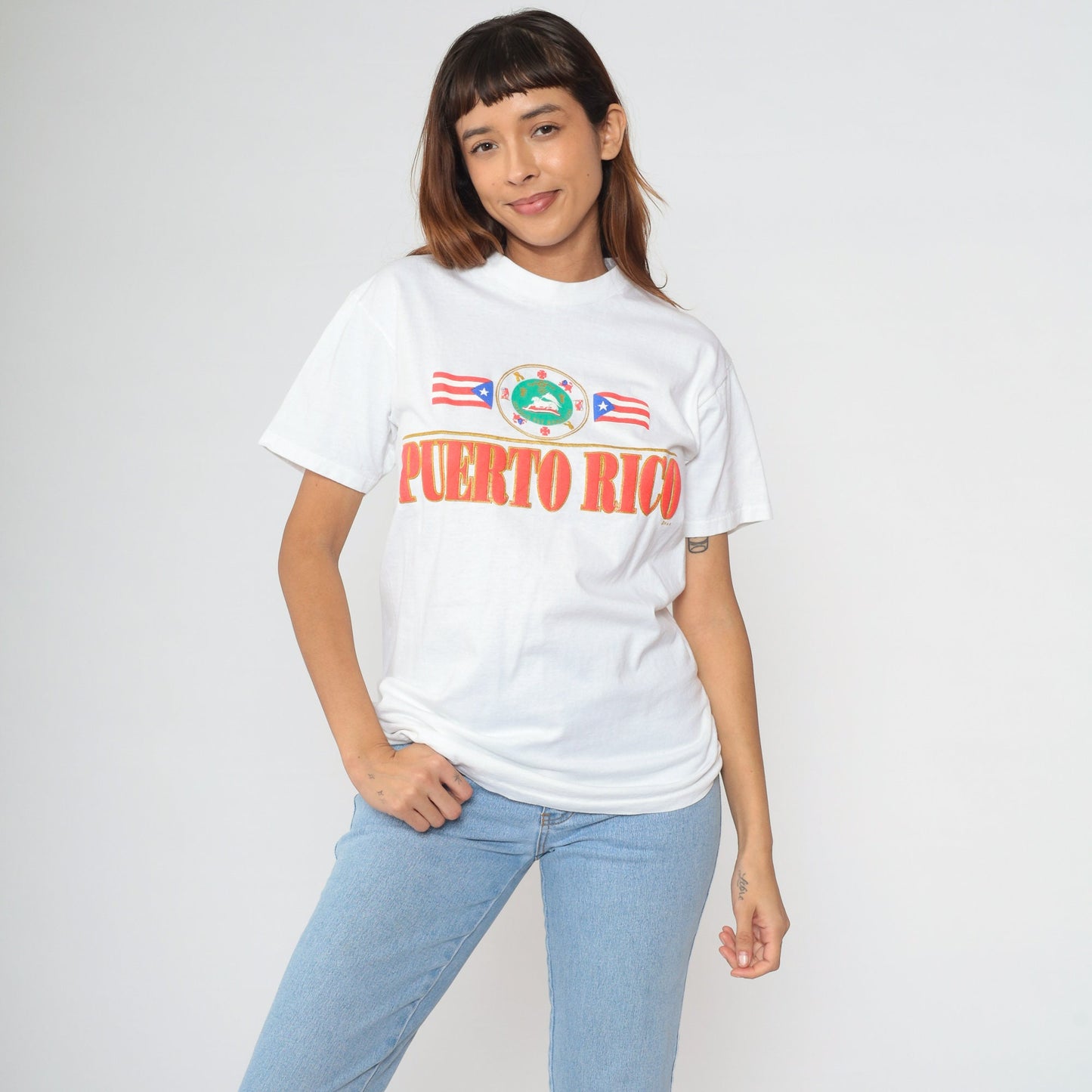 90s Puerto Rico Flag Graphic T-Shirt Cotton Single Stitch White Small