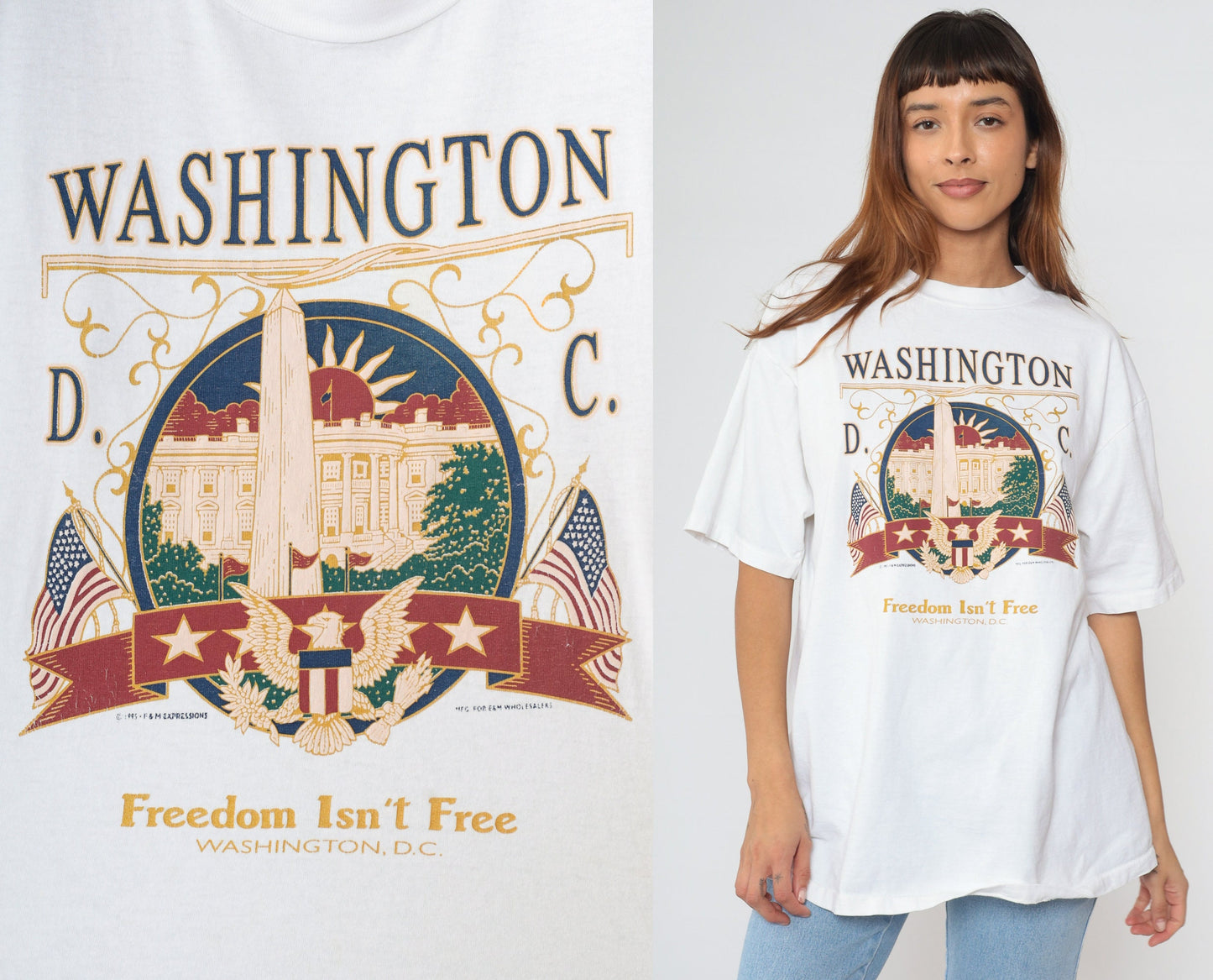 90s Washington DC 'Freedom Isn't Free' Graphic T-Shirt White Cotton Extra Large XXL