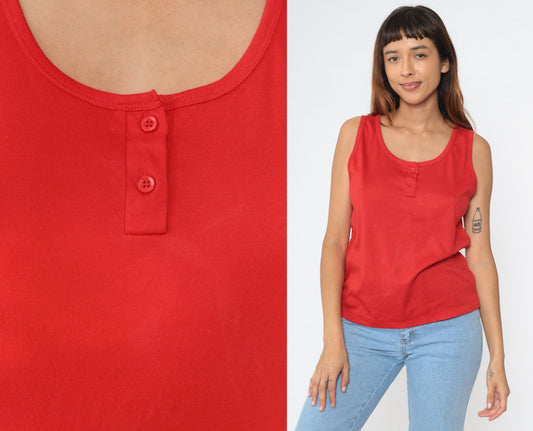 80s Red Cotton Henley Tank Top Button Chest Sleeveless Medium