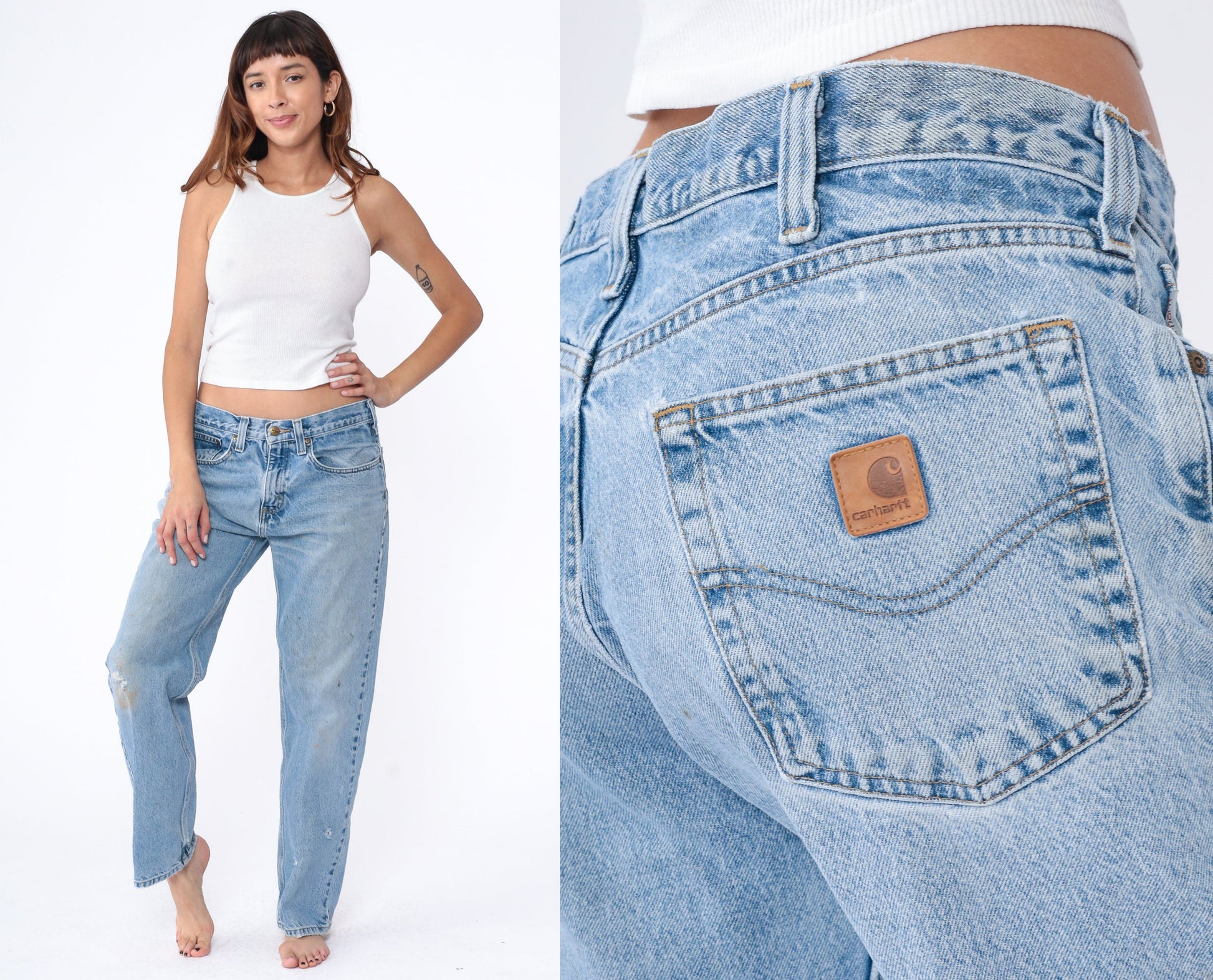90s Carhartt Denim Jeans Tapered Straight Leg Blue Distressed 34