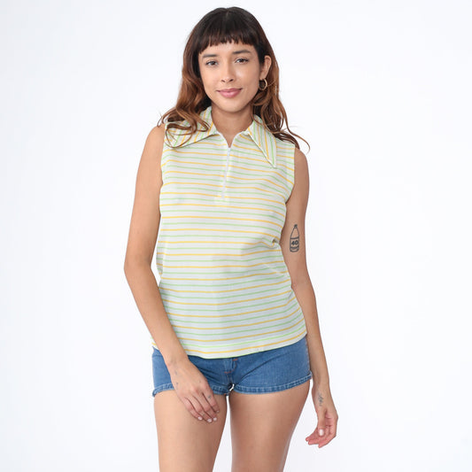 70s Striped Sleeveless Blouse Zip Collar White Yellow Lime Green Small